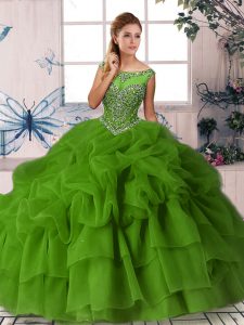 Glorious Scoop Sleeveless Quinceanera Dresses Brush Train Beading and Pick Ups Green Organza