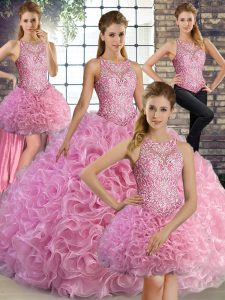 Low Price Rose Pink Lace Up Scoop Beading Quinceanera Dress Fabric With Rolling Flowers Sleeveless
