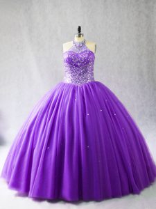 Designer Purple Sleeveless Tulle Lace Up Quinceanera Dresses for Sweet 16 and Quinceanera