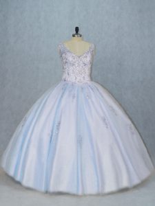 Blue Sleeveless Floor Length Beading Side Zipper 15th Birthday Dress