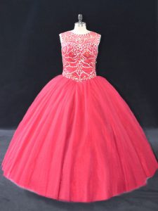 Super Coral Red Lace Up Scoop Beading Quinceanera Dress Tulle Long Sleeves