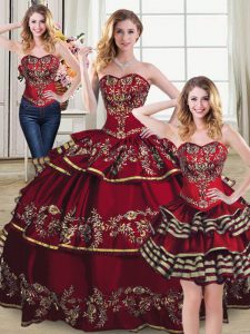 Deluxe Wine Red Sleeveless Floor Length Embroidery and Ruffled Layers Lace Up Vestidos de Quinceanera