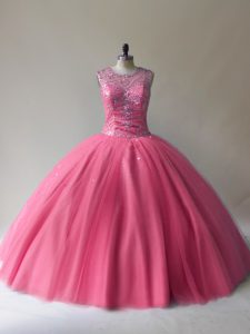 Glamorous Floor Length Lace Up 15 Quinceanera Dress Rose Pink for Sweet 16 and Quinceanera with Beading