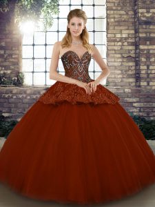 Flirting Floor Length Ball Gowns Sleeveless Rust Red Sweet 16 Dresses Lace Up