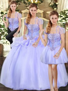 Lavender Three Pieces Organza Strapless Sleeveless Beading and Appliques Floor Length Lace Up Quinceanera Gown