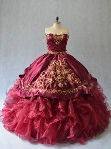 Inexpensive Burgundy Organza Lace Up Strapless Sleeveless Quinceanera Dresses Brush Train Beading and Embroidery