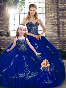Royal Blue Sweetheart Lace Up Beading and Embroidery Quince Ball Gowns Sleeveless