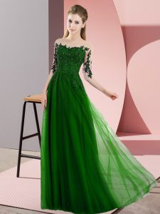 Latest Green Bateau Lace Up Beading and Lace Dama Dress for Quinceanera Half Sleeves