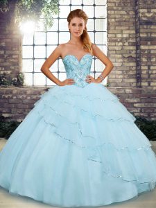 High End Sleeveless Brush Train Lace Up Beading and Ruffled Layers Vestidos de Quinceanera