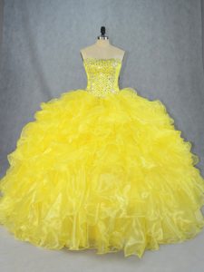 Yellow Lace Up Quinceanera Dresses Beading and Ruffles Sleeveless Asymmetrical