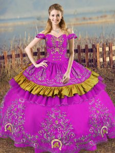 Luxury Purple Lace Up Off The Shoulder Embroidery Ball Gown Prom Dress Organza Sleeveless