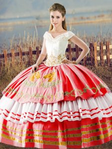 Super Floor Length White And Red 15th Birthday Dress Satin Sleeveless Embroidery and Ruffled Layers