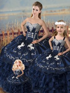 Navy Blue Sleeveless Floor Length Embroidery and Ruffles Lace Up Quince Ball Gowns