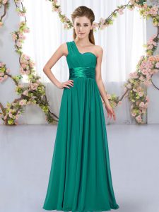 Floor Length Peacock Green Quinceanera Dama Dress One Shoulder Sleeveless Lace Up