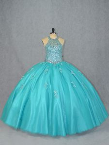Noble Sleeveless Floor Length Beading Lace Up Quinceanera Dress with Aqua Blue