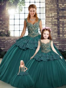 High Class Ball Gowns Quinceanera Dresses Green Straps Tulle Sleeveless Floor Length Lace Up