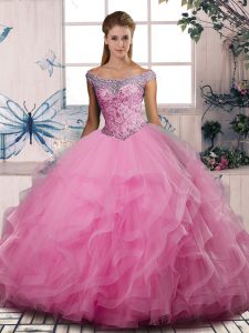 Beautiful Rose Pink Lace Up Vestidos de Quinceanera Beading and Ruffles Sleeveless Floor Length