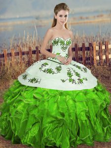 Custom Designed Sweetheart Sleeveless Quinceanera Gowns Floor Length Embroidery and Ruffles and Bowknot Green Organza