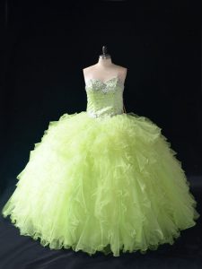 Captivating Beading and Ruffles Sweet 16 Dress Yellow Green Lace Up Sleeveless Floor Length