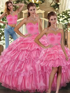 Simple Rose Pink Sleeveless Ruffled Layers and Pick Ups Floor Length Quinceanera Gown