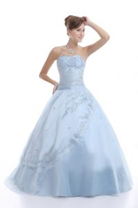 Light Blue Ball Gowns Sweetheart Sleeveless Organza Floor Length Lace Up Embroidery Quinceanera Gown