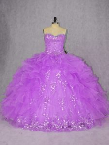 Great Purple Ball Gowns Sweetheart Sleeveless Organza Floor Length Lace Up Appliques and Ruffles Quinceanera Gowns