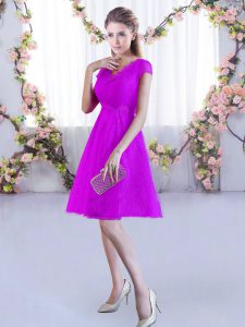 Fuchsia V-neck Neckline Lace Quinceanera Dama Dress Cap Sleeves Lace Up