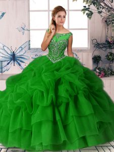 Fine Sleeveless Brush Train Beading and Pick Ups Zipper Quince Ball Gowns