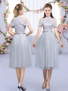 Fitting High-neck Sleeveless Dama Dress Tea Length Lace and Belt Grey Tulle