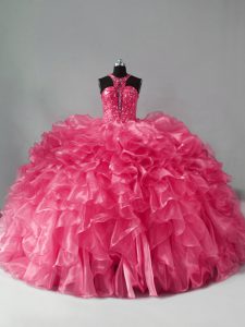 Exquisite Hot Pink Ball Gowns Beading and Ruffles Quinceanera Gown Zipper Organza Sleeveless