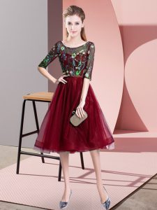 Burgundy Lace Up Dama Dress for Quinceanera Embroidery Half Sleeves Knee Length