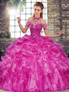 Gorgeous Organza Halter Top Sleeveless Lace Up Beading and Ruffles 15 Quinceanera Dress in Fuchsia