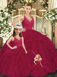 Burgundy Sleeveless Tulle Lace Up Sweet 16 Quinceanera Dress for Sweet 16 and Quinceanera