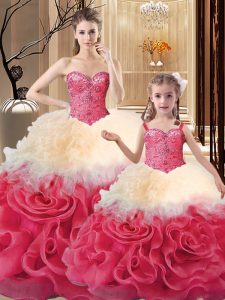 Multi-color Ball Gowns Beading and Ruffles 15 Quinceanera Dress Lace Up Fabric With Rolling Flowers Sleeveless Floor Length