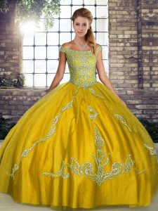 Suitable Floor Length Gold Sweet 16 Quinceanera Dress Tulle Sleeveless Beading and Embroidery