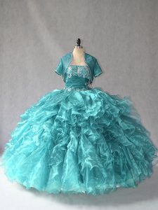 Turquoise Ball Gowns Strapless Sleeveless Organza Floor Length Lace Up Beading Sweet 16 Quinceanera Dress