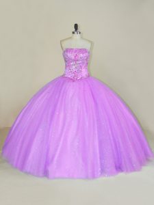 Floor Length Lilac Quinceanera Dresses Strapless Sleeveless Lace Up
