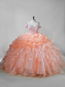 Classical Organza Sleeveless Sweet 16 Quinceanera Dress Brush Train and Beading and Ruffles and Pick Ups
