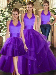Wonderful Floor Length Lace Up Quinceanera Gown Purple for Sweet 16 and Quinceanera with Ruffles