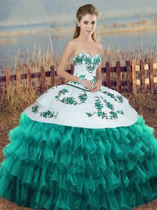 Custom Designed Turquoise Vestidos de Quinceanera Military Ball and Sweet 16 and Quinceanera with Embroidery and Ruffled Layers and Bowknot Sweetheart Sleeveless Lace Up