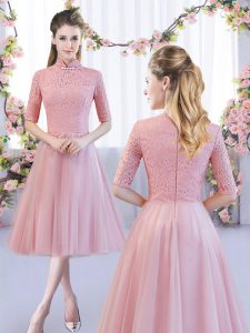 Tulle High-neck Half Sleeves Zipper Lace Court Dresses for Sweet 16 in Pink