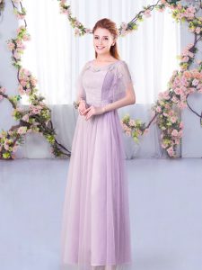 Beautiful Lavender Short Sleeves Lace and Belt Floor Length Quinceanera Dama Dress