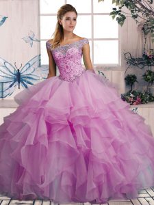Custom Made Floor Length Lace Up Quinceanera Gown Lilac for Military Ball and Sweet 16 and Quinceanera with Beading and Ruffles