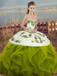 Olive Green Ball Gowns Sweetheart Sleeveless Tulle Floor Length Lace Up Embroidery and Ruffles and Bowknot Quinceanera Dress