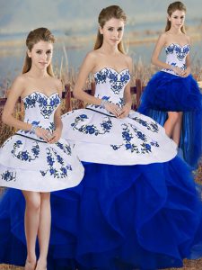 Simple Royal Blue Sleeveless Floor Length Embroidery and Ruffles and Bowknot Lace Up 15th Birthday Dress