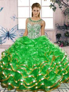 Green Ball Gowns Organza Scoop Sleeveless Beading and Ruffles Floor Length Lace Up Quinceanera Dresses