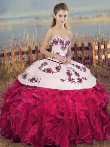 Sleeveless Floor Length Embroidery and Ruffles and Bowknot Lace Up Quinceanera Gowns with Fuchsia