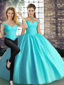 Sweet Floor Length Lace Up Quinceanera Dresses Aqua Blue for Military Ball and Sweet 16 and Quinceanera with Beading