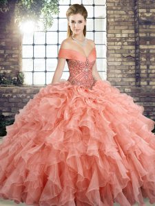 Off The Shoulder Sleeveless Organza Quinceanera Dresses Beading and Ruffles Brush Train Lace Up
