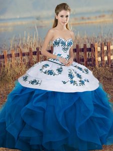 Sweetheart Sleeveless Lace Up Quinceanera Gowns Blue And White Tulle